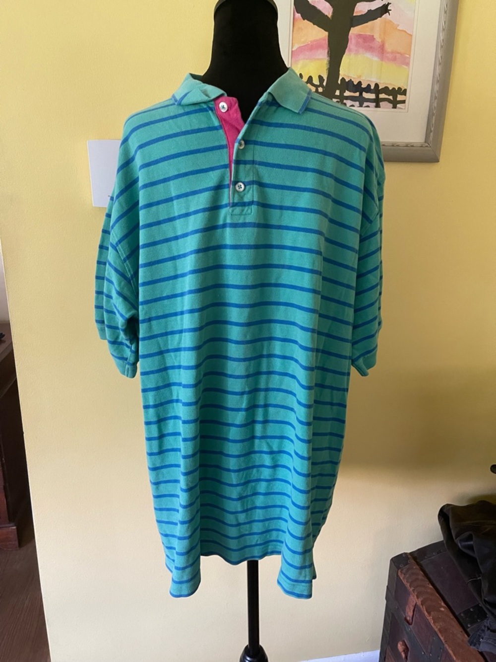 Beverly Hills Polo Club Teal & Blue Striped Polo with Pink Placket Accent